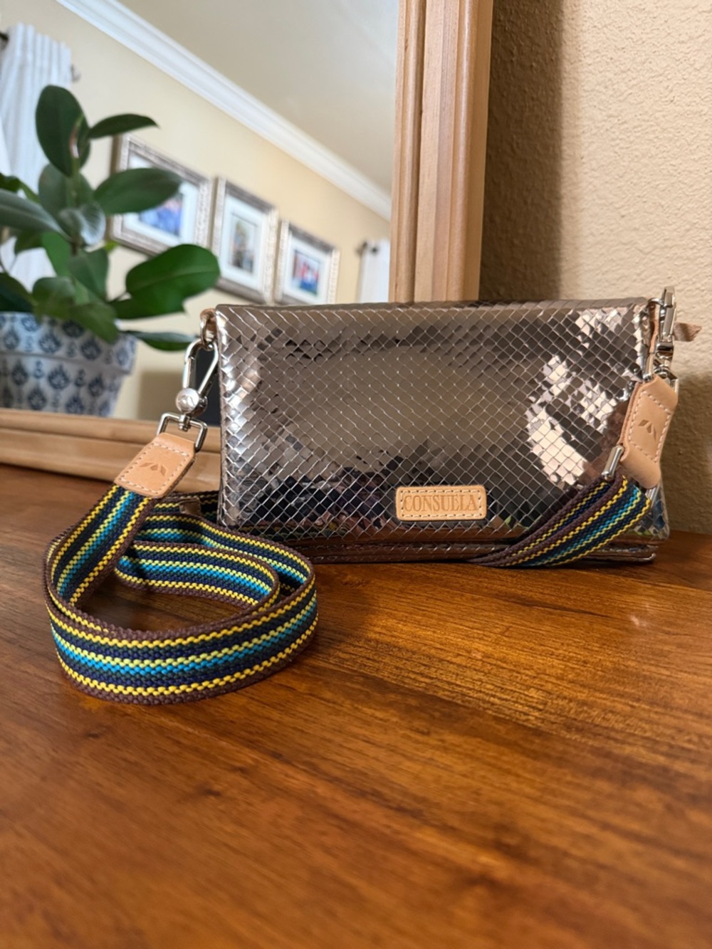 Consuela Kyle Uptown woven Pewter Crossbody with Multicolor Striped Strap